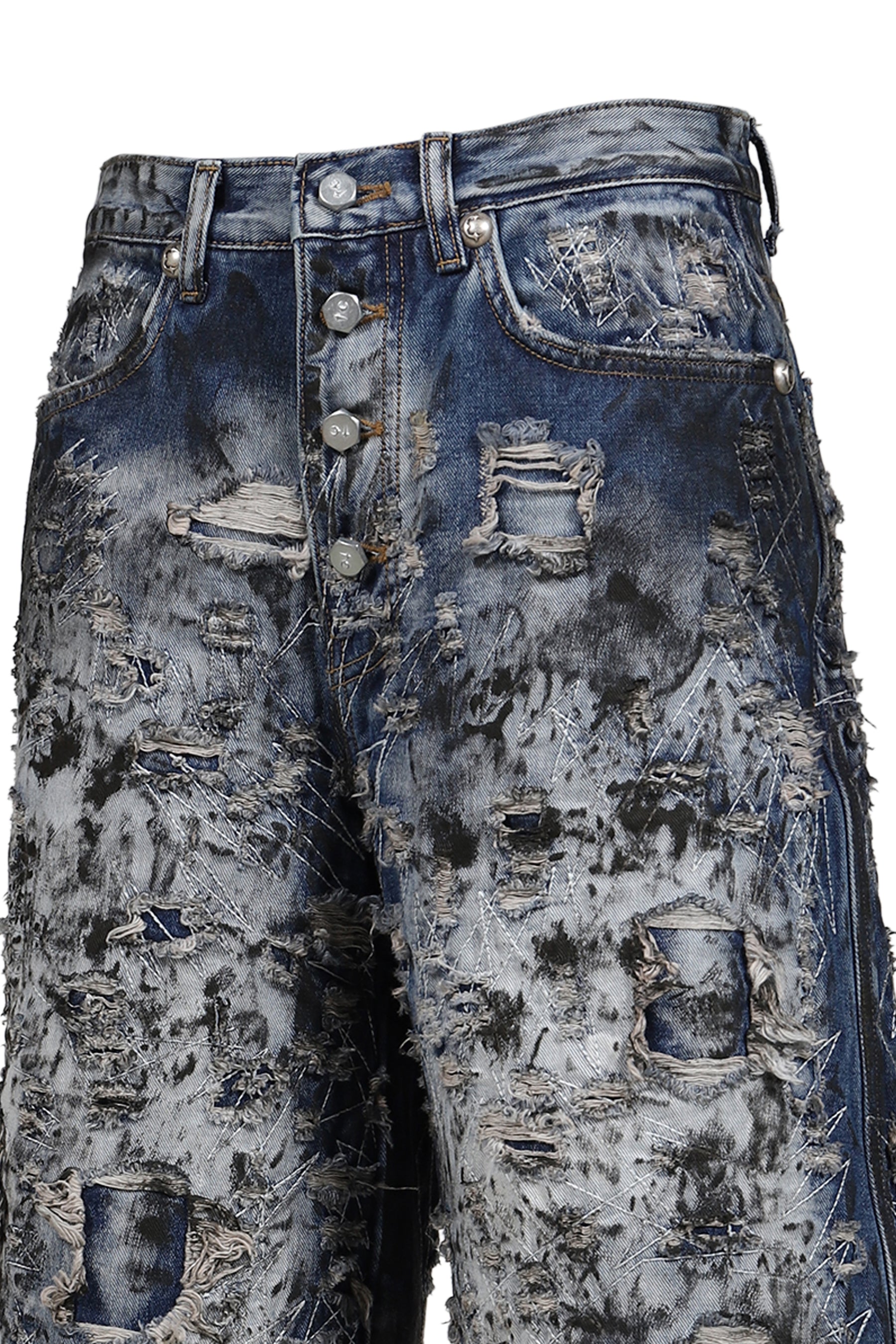 HARD WASHED DESTROYED DENIM SHORTS / BLU
