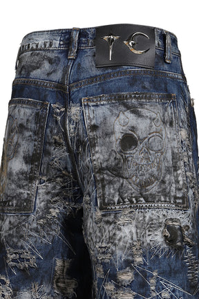 HARD WASHED DESTROYED DENIM SHORTS / BLU
