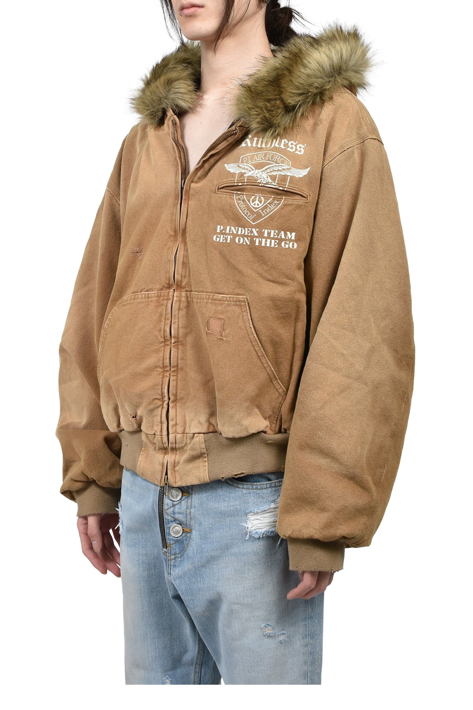 DETACHABLE FUR HOODIED WORK JACKET / BEI