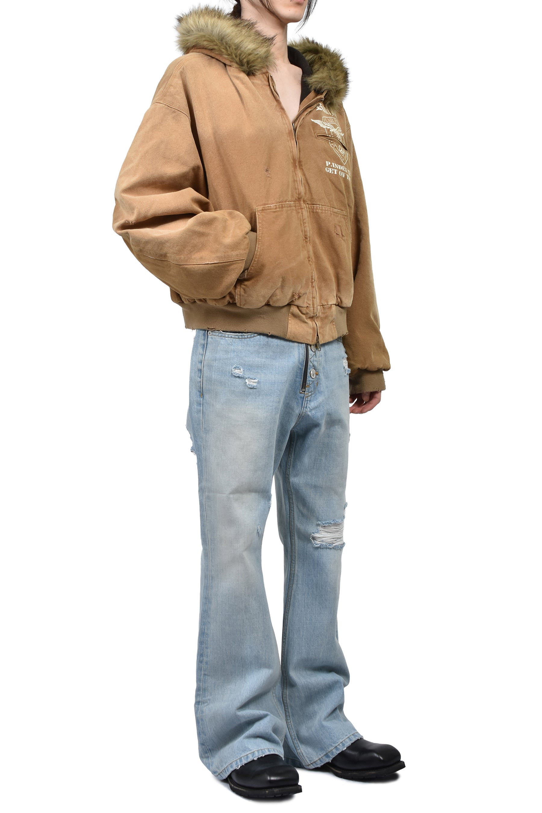 DETACHABLE FUR HOODIED WORK JACKET / BEI