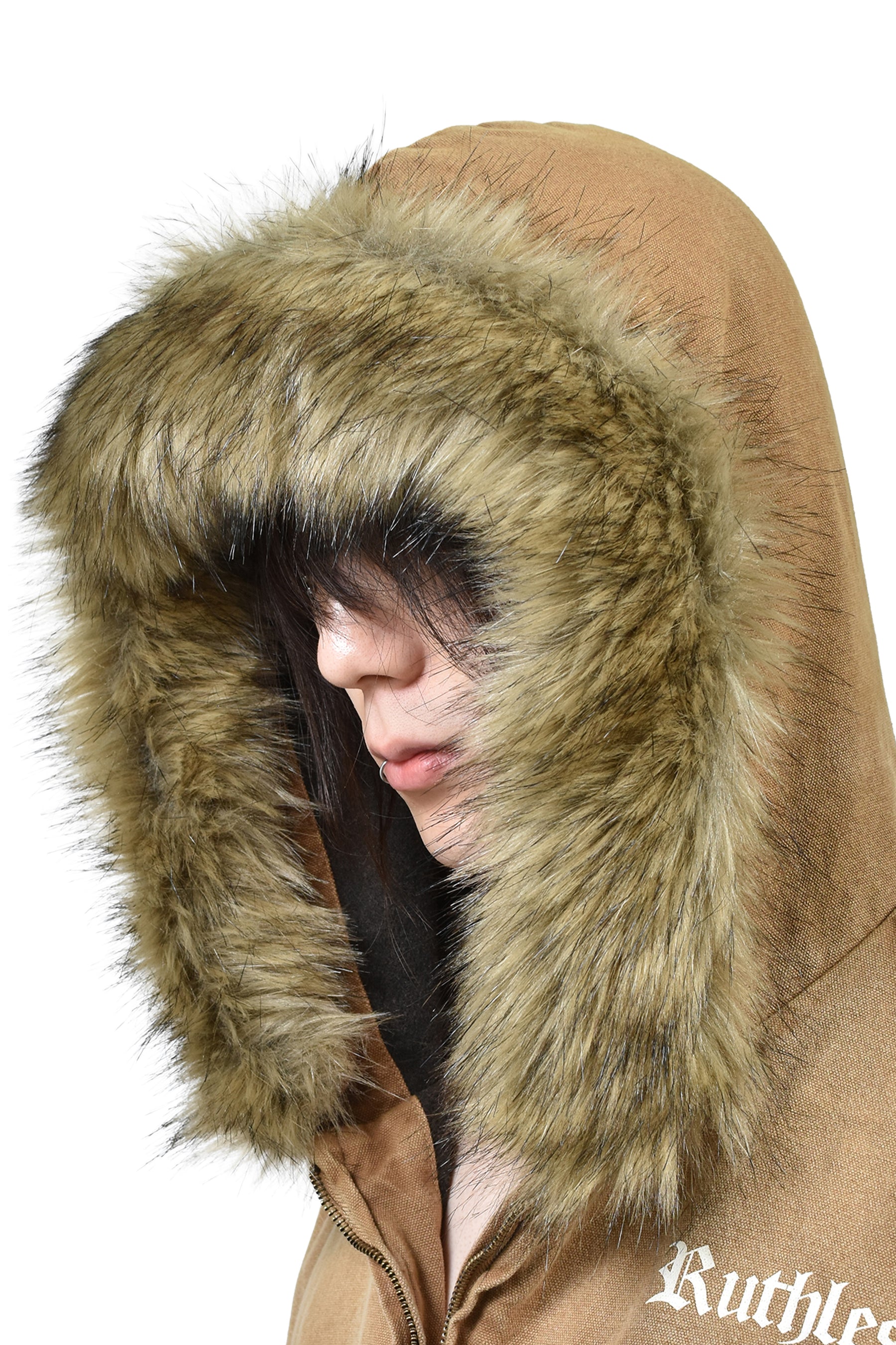 DETACHABLE FUR HOODIED WORK JACKET / BEI