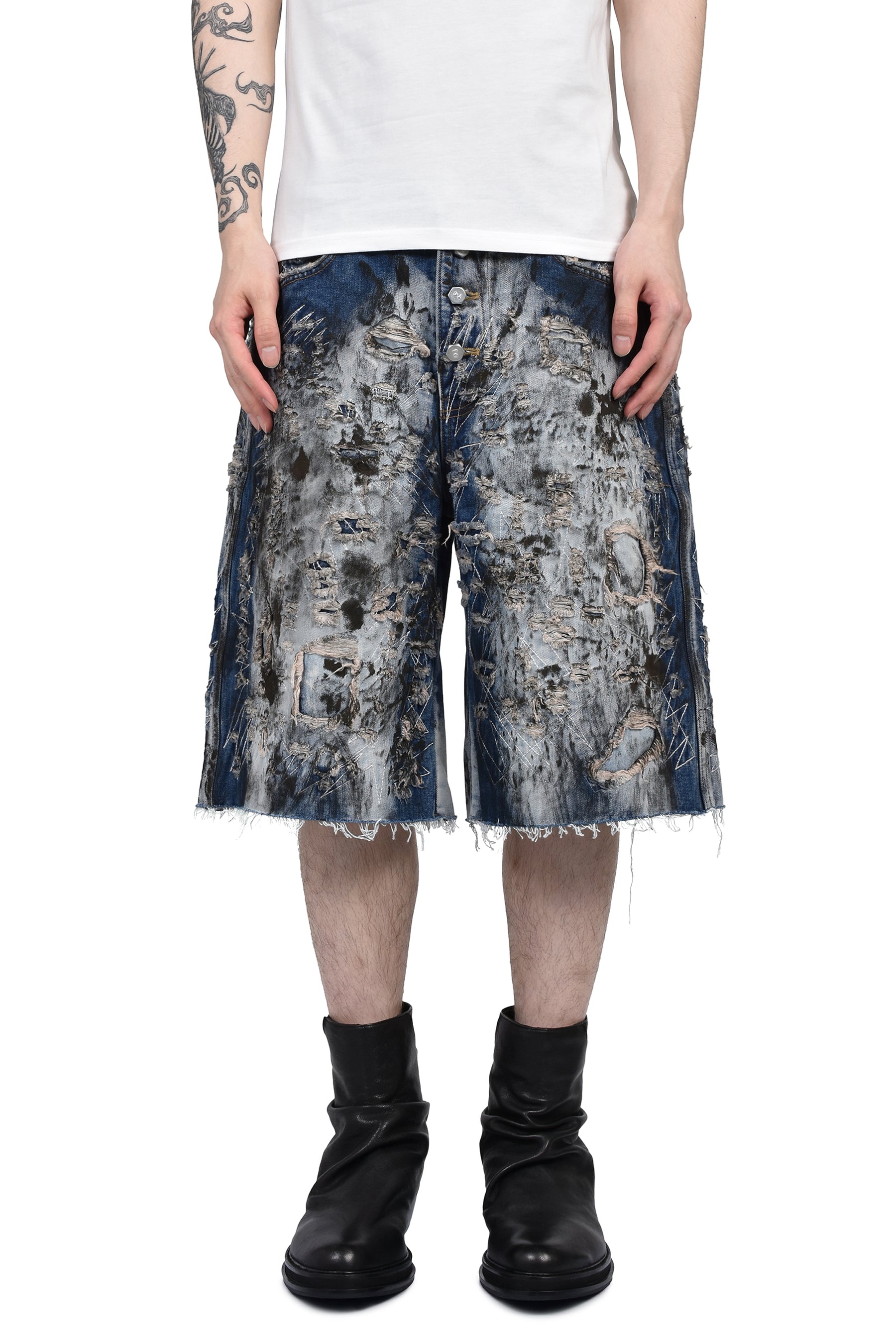 HARD WASHED DESTROYED DENIM SHORTS / BLU