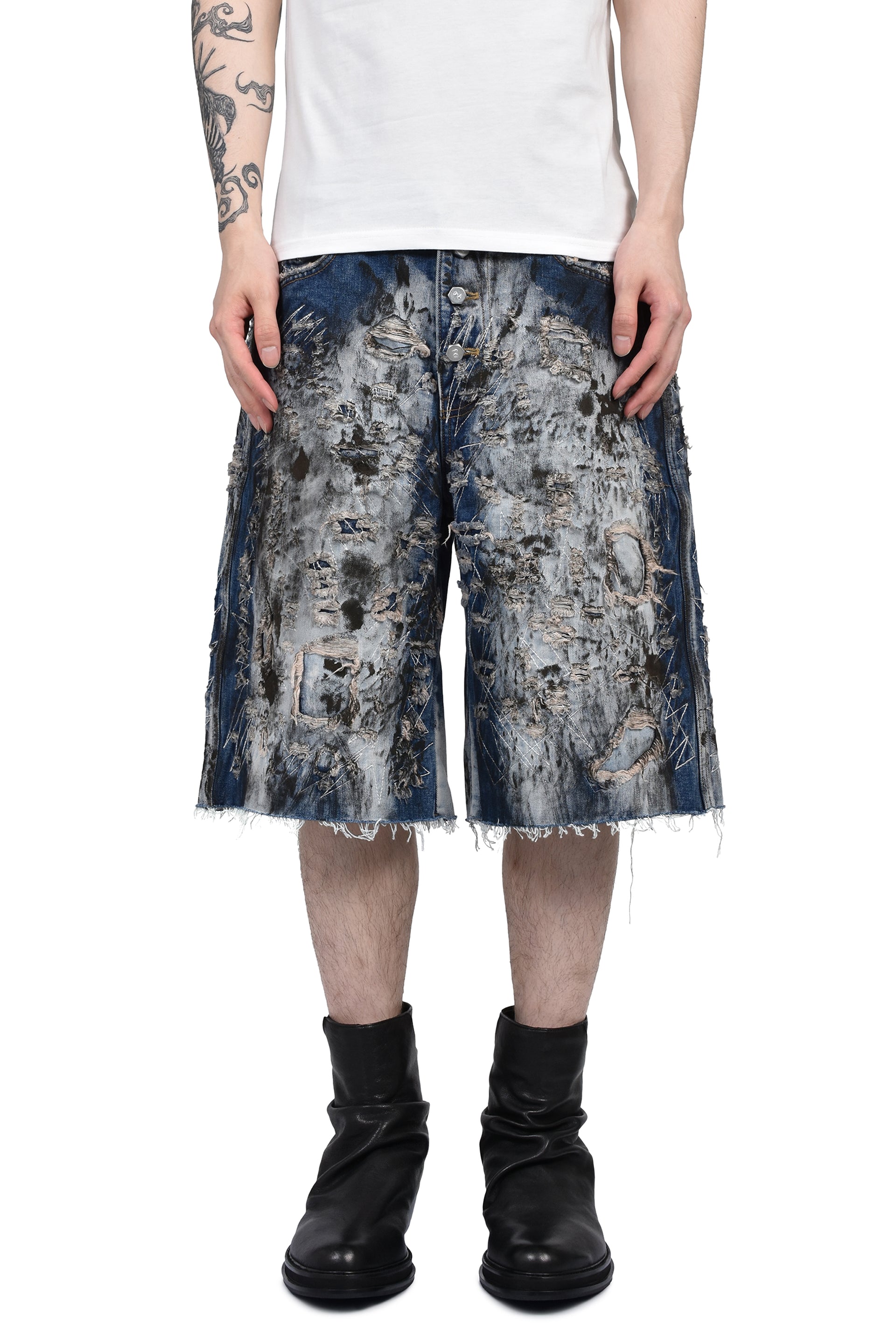 HARD WASHED DESTROYED DENIM SHORTS / BLU