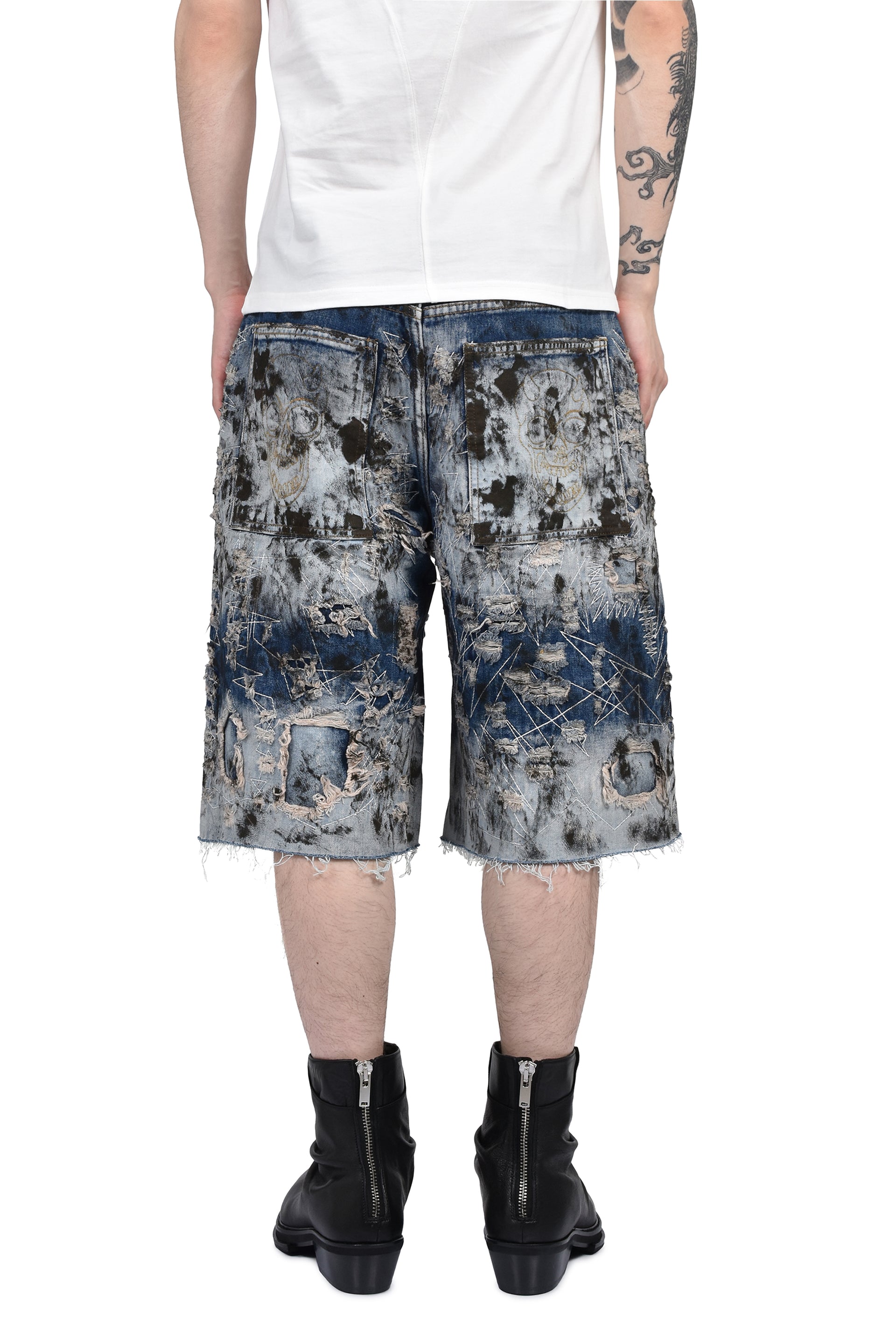 HARD WASHED DESTROYED DENIM SHORTS / BLU