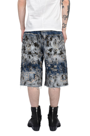 HARD WASHED DESTROYED DENIM SHORTS / BLU