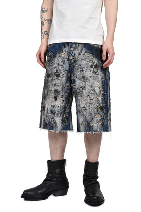 HARD WASHED DESTROYED DENIM SHORTS / BLU