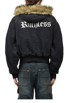 DETACHABLE FUR HOODIED WORK JACKET / BLK