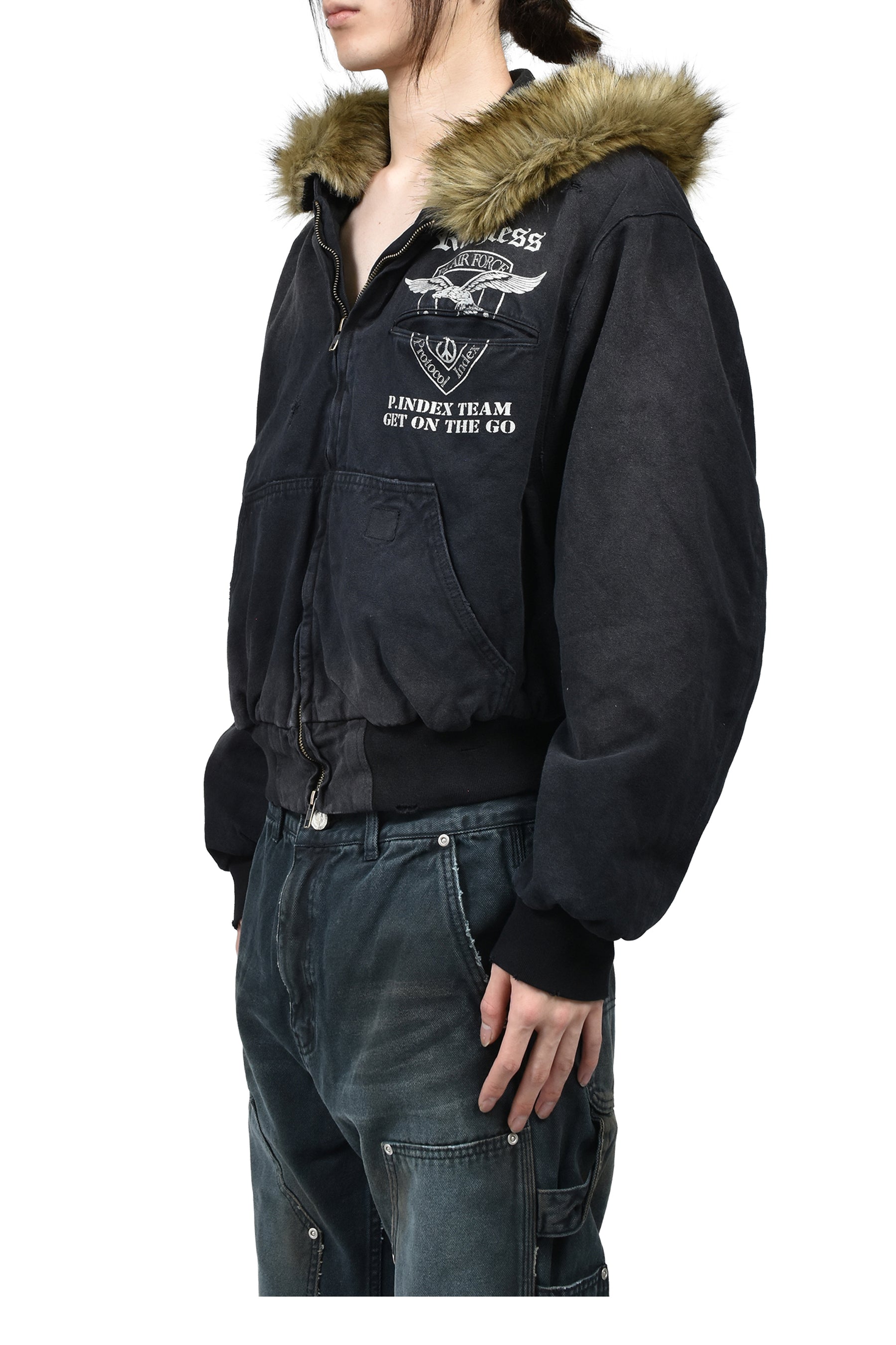 DETACHABLE FUR HOODIED WORK JACKET / BLK