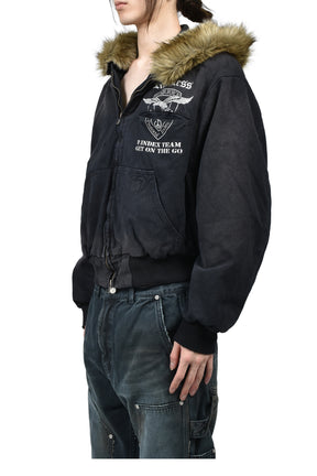 DETACHABLE FUR HOODIED WORK JACKET / BLK