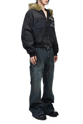 DETACHABLE FUR HOODIED WORK JACKET / BLK