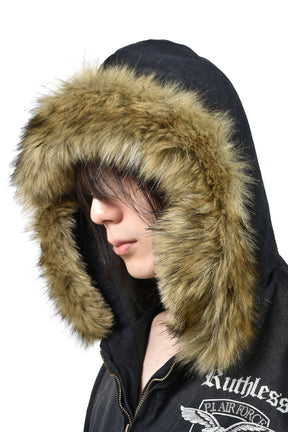DETACHABLE FUR HOODIED WORK JACKET / BLK