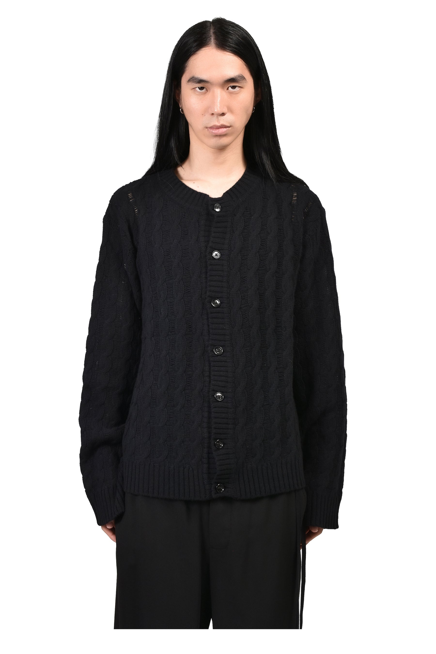 JEFF CABLE KNIT LADDER STITCH CARDIGAN / BLK