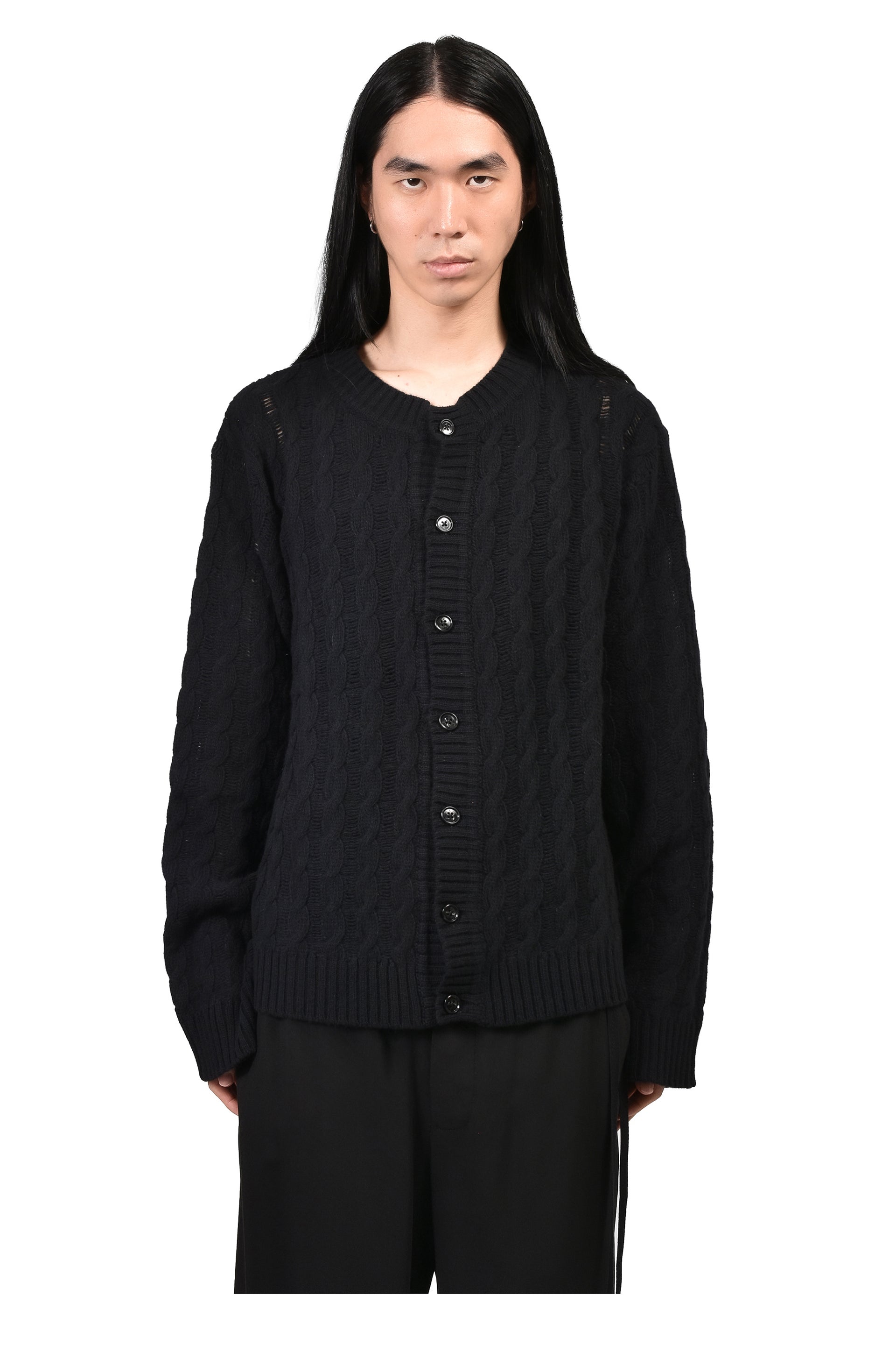 JEFF CABLE KNIT LADDER STITCH CARDIGAN / BLK
