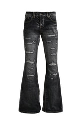 LACE-UP WASHED FLARE JEANS / BLK