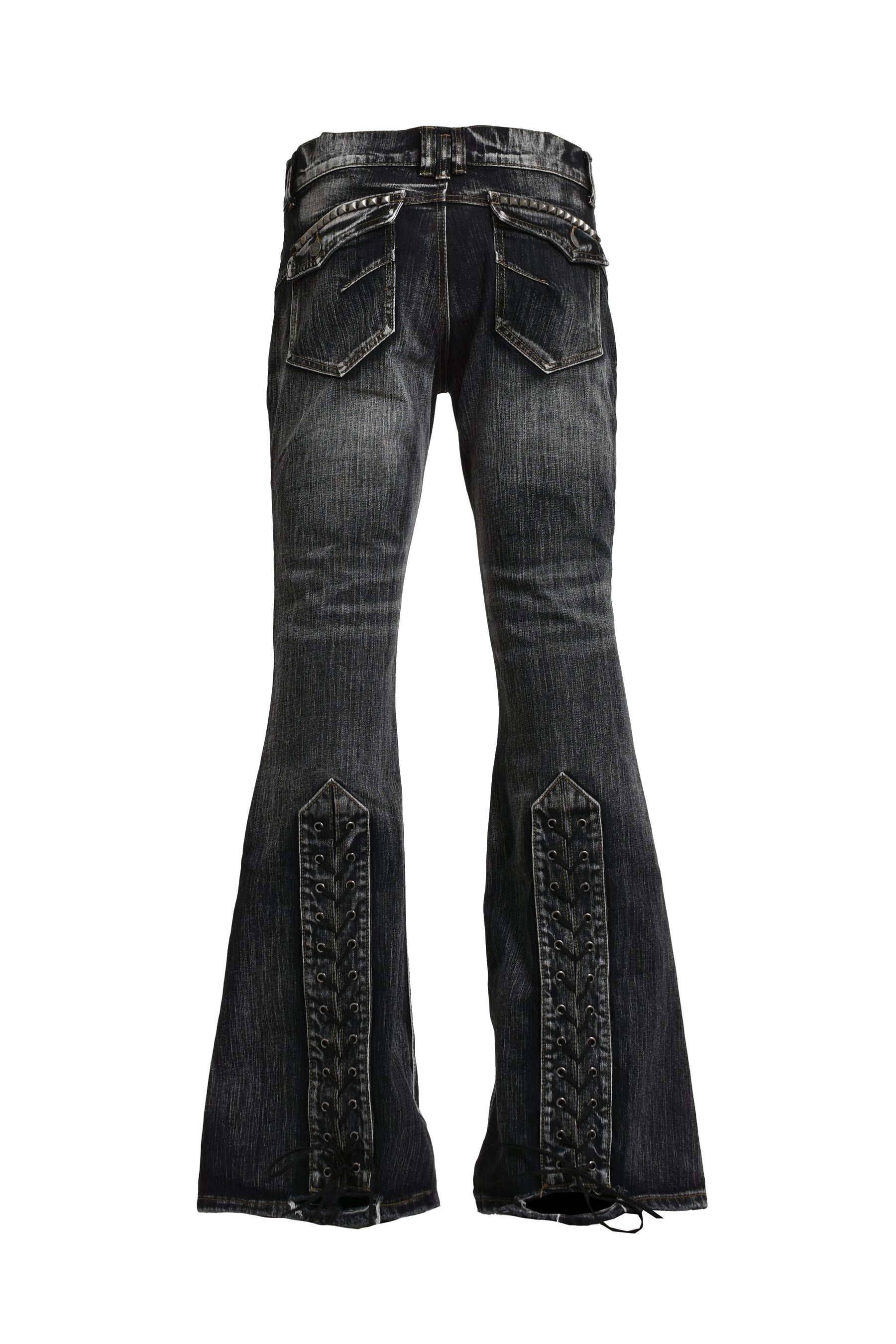 LACE-UP WASHED FLARE JEANS / BLK