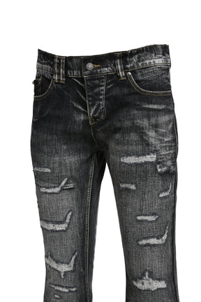 LACE-UP WASHED FLARE JEANS / BLK