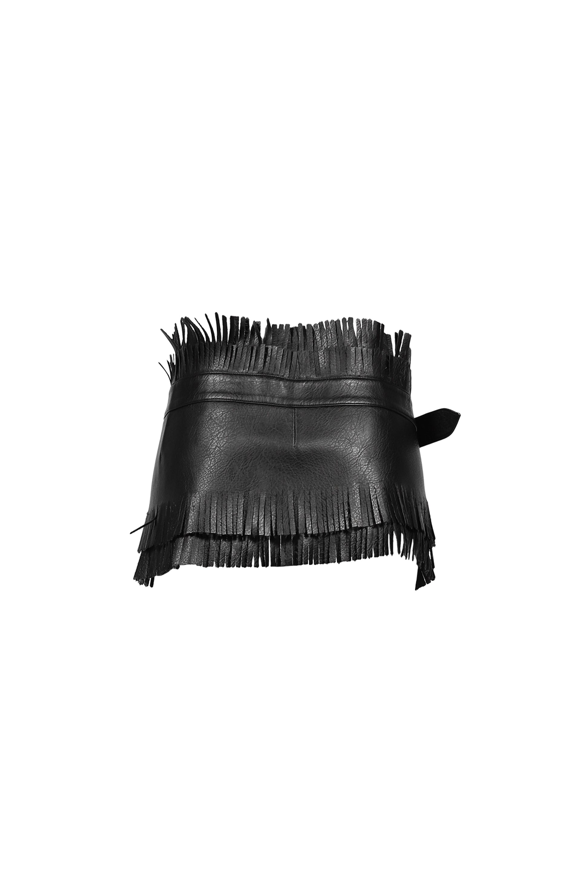 FAUX LEATHER WASHED TASSEL BELT MINI SKIRT / BLK