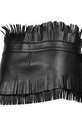 FAUX LEATHER WASHED TASSEL BELT MINI SKIRT / BLK