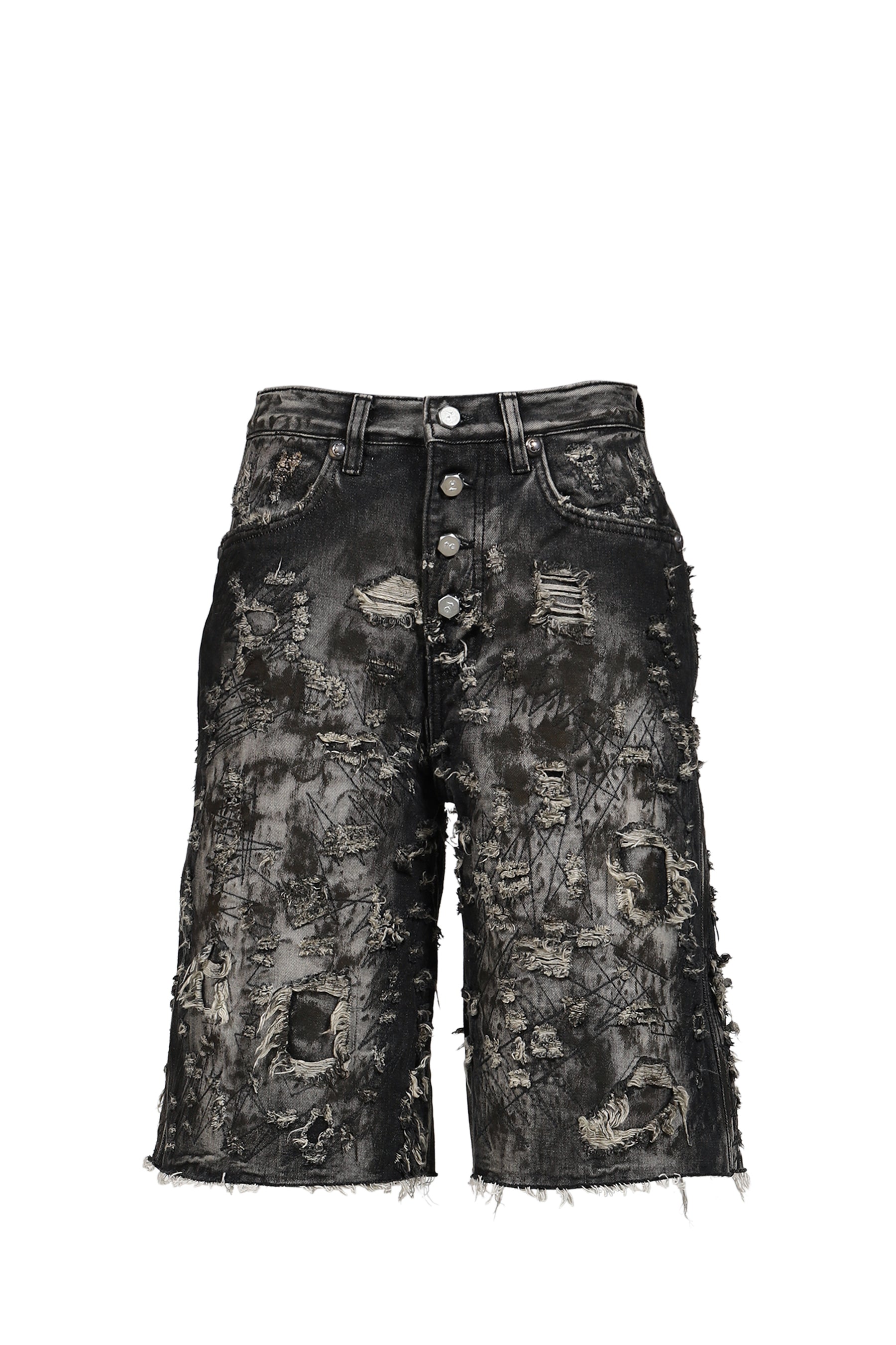 HARD WASHED DESTROYED DENIM SHORTS / BLK