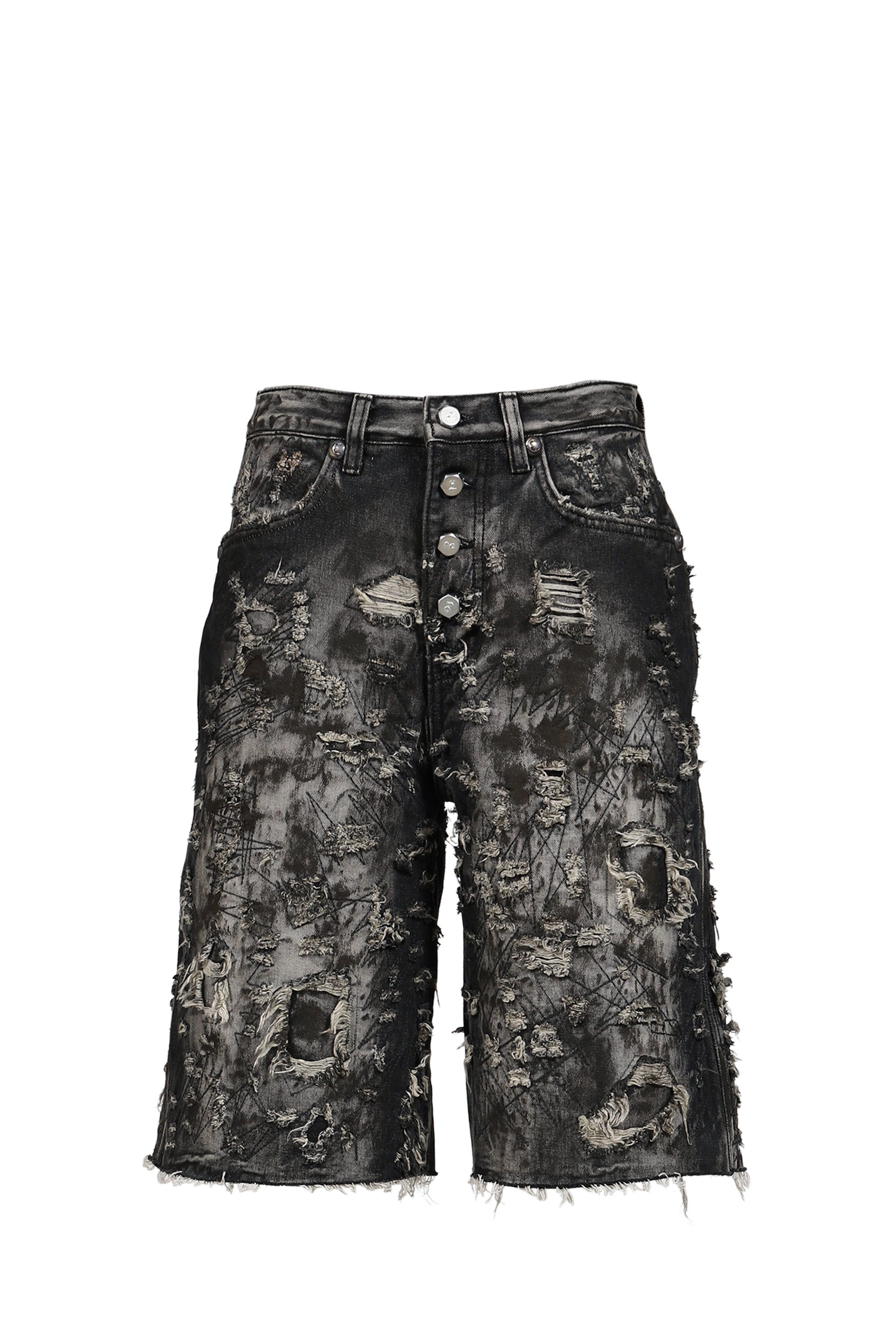 HARD WASHED DESTROYED DENIM SHORTS / BLK