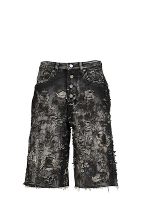 HARD WASHED DESTROYED DENIM SHORTS / BLK