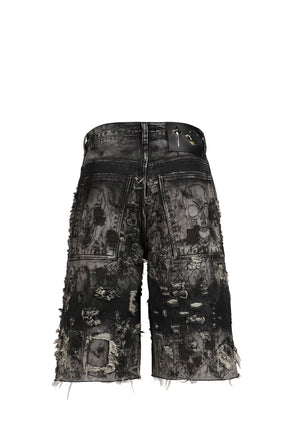 HARD WASHED DESTROYED DENIM SHORTS / BLK