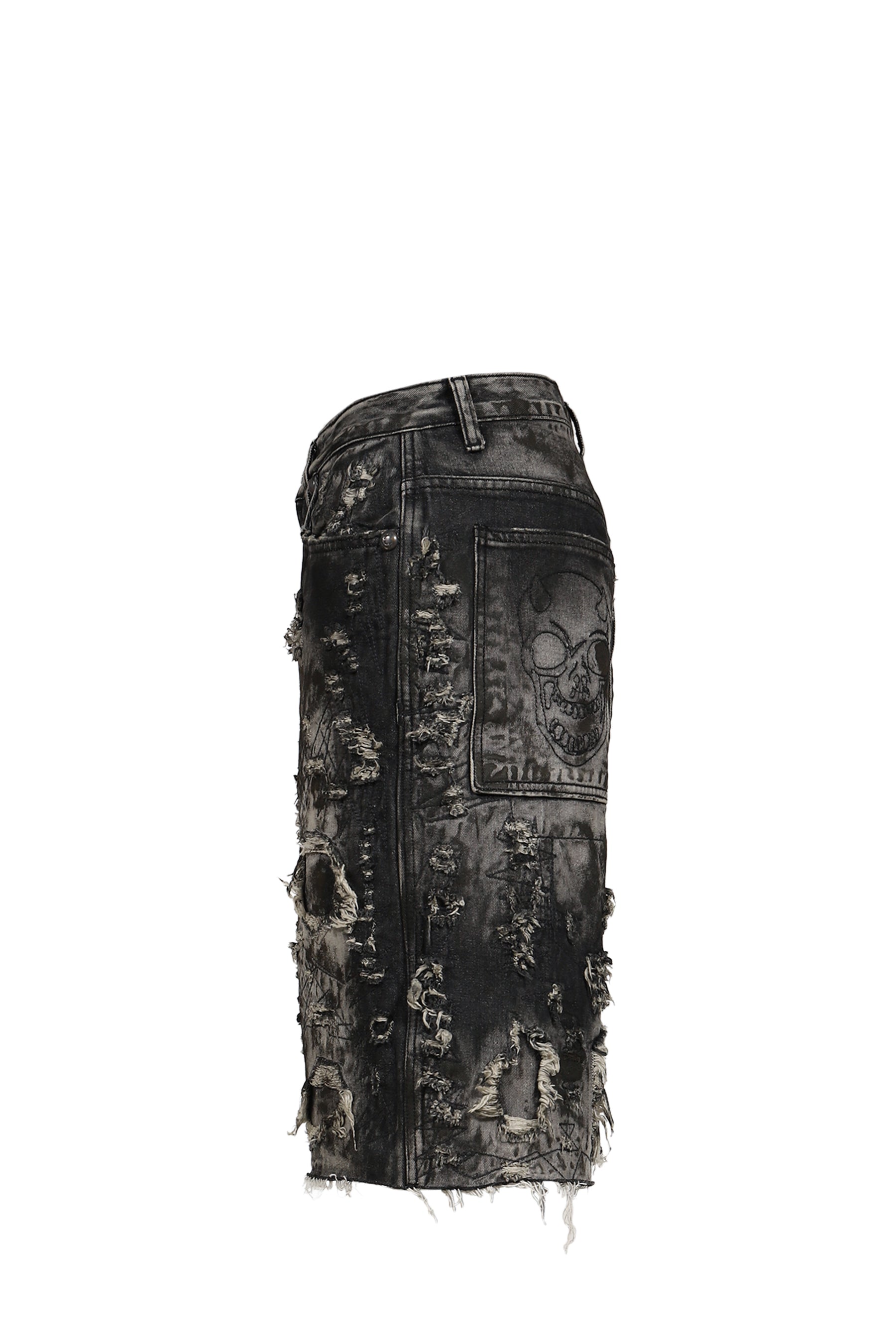 HARD WASHED DESTROYED DENIM SHORTS / BLK