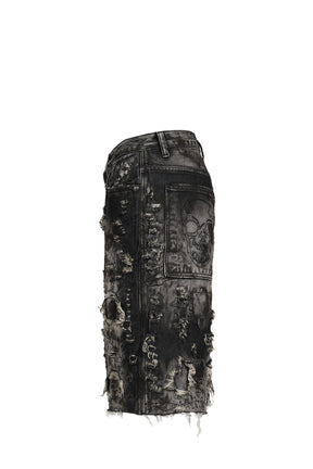HARD WASHED DESTROYED DENIM SHORTS / BLK