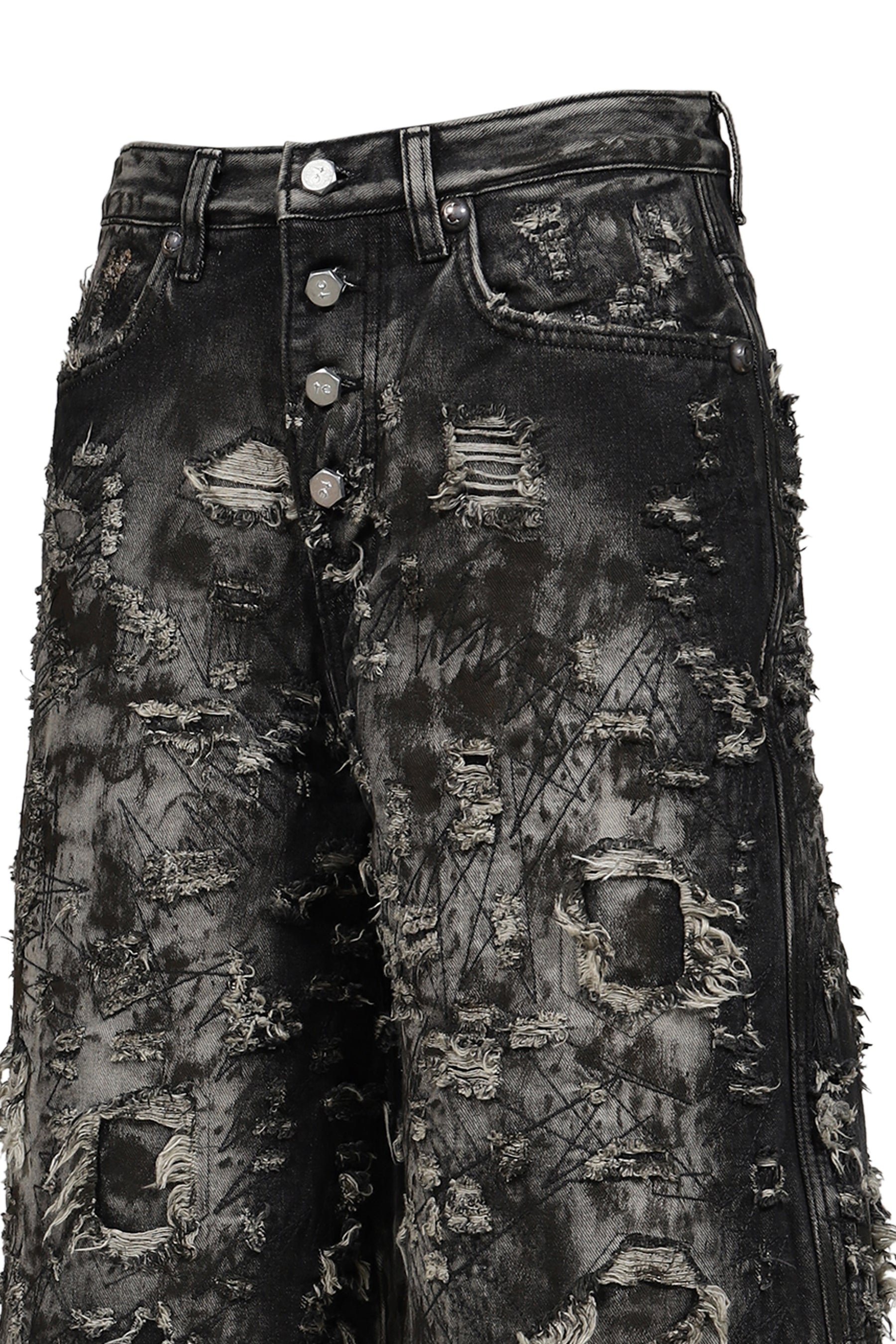HARD WASHED DESTROYED DENIM SHORTS / BLK