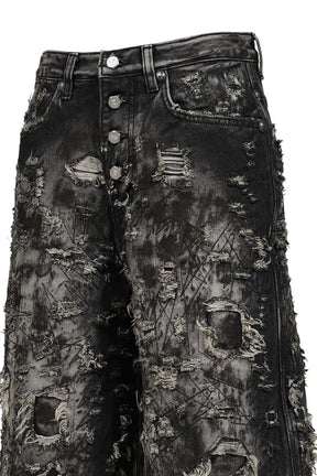 HARD WASHED DESTROYED DENIM SHORTS / BLK