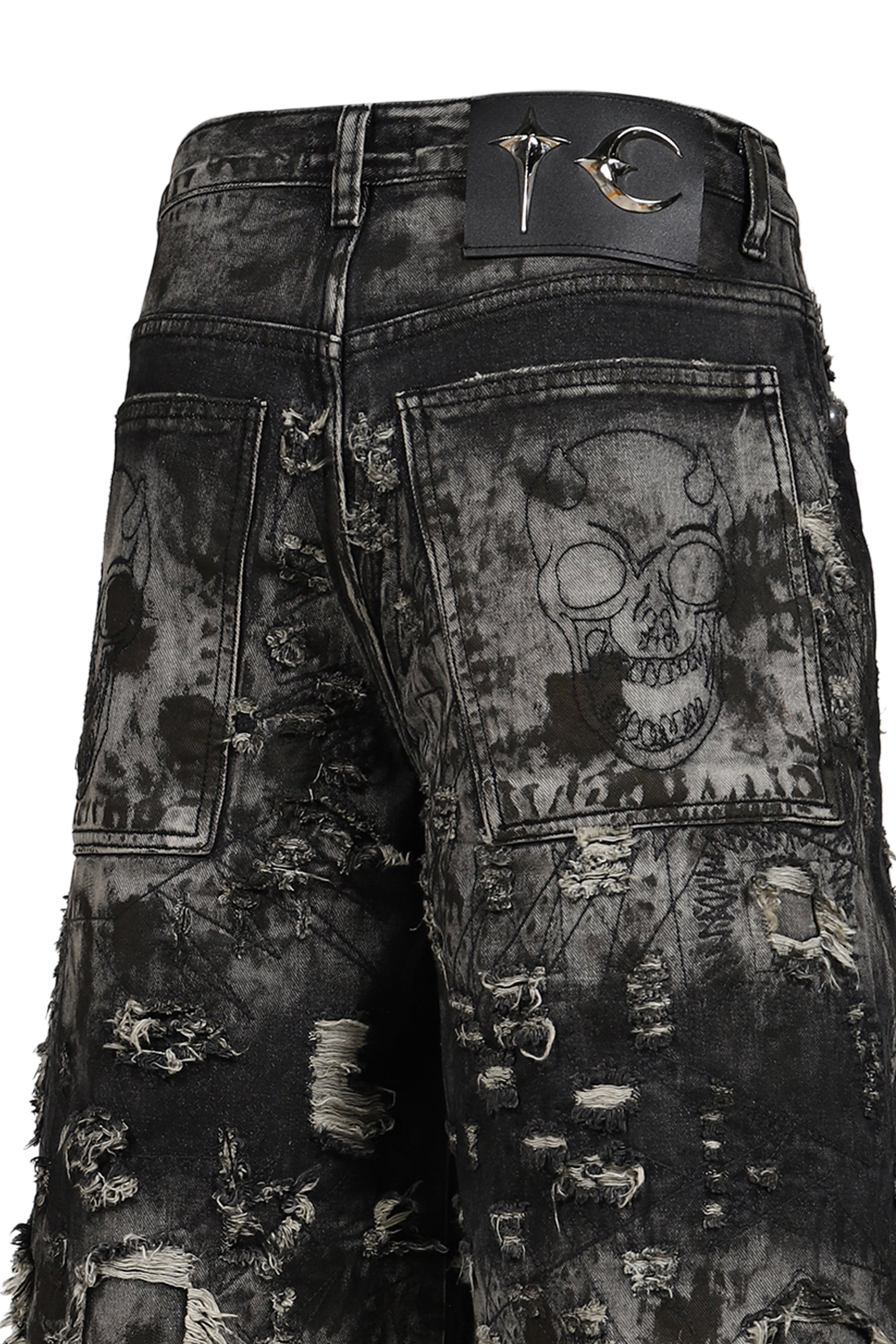 HARD WASHED DESTROYED DENIM SHORTS / BLK