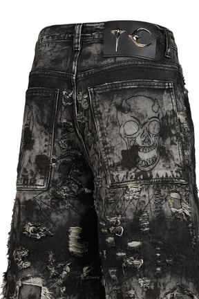 HARD WASHED DESTROYED DENIM SHORTS / BLK