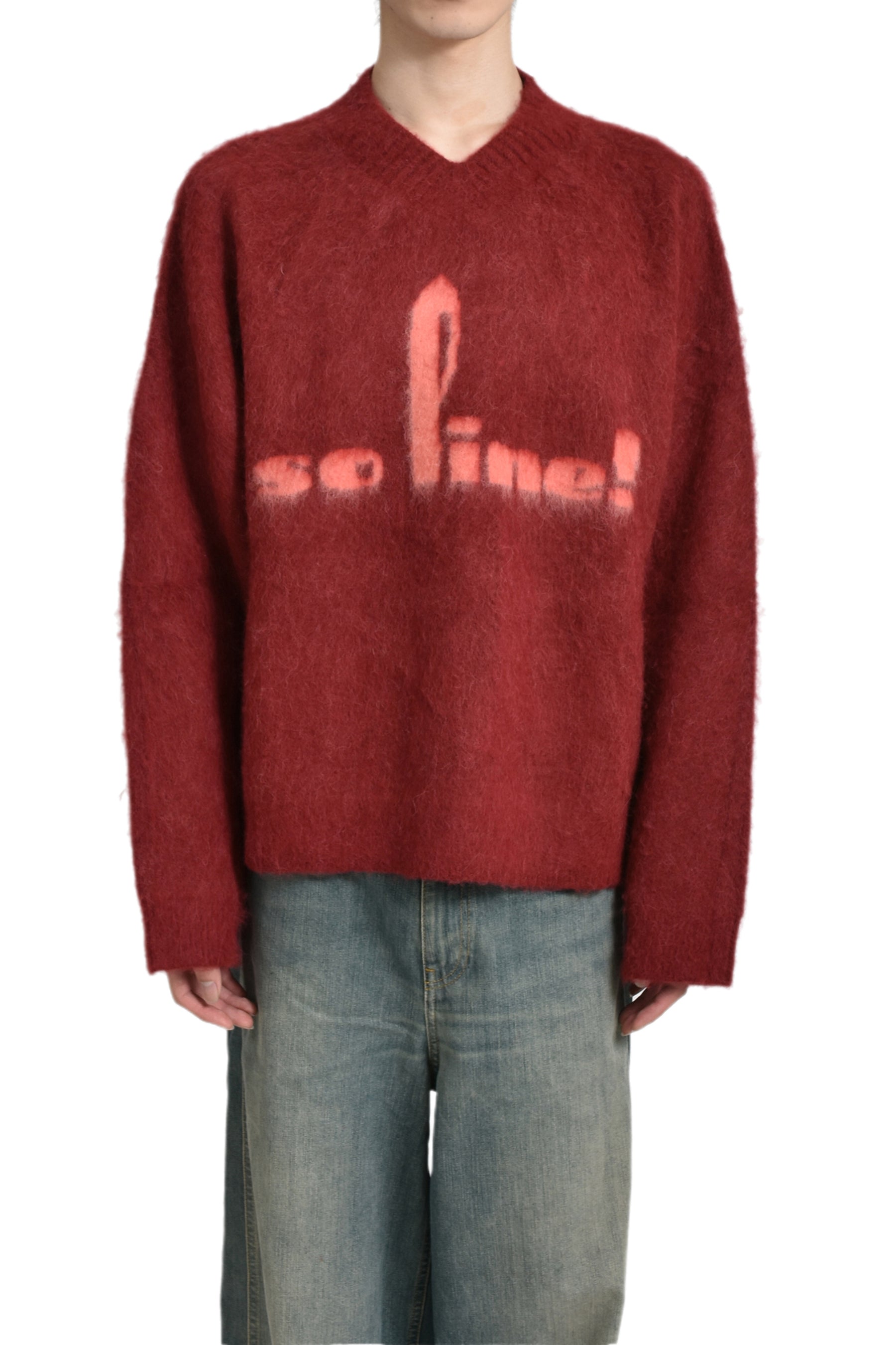 BRUSHED MOHAIR V-NECK JUMPER / RED BUR RED