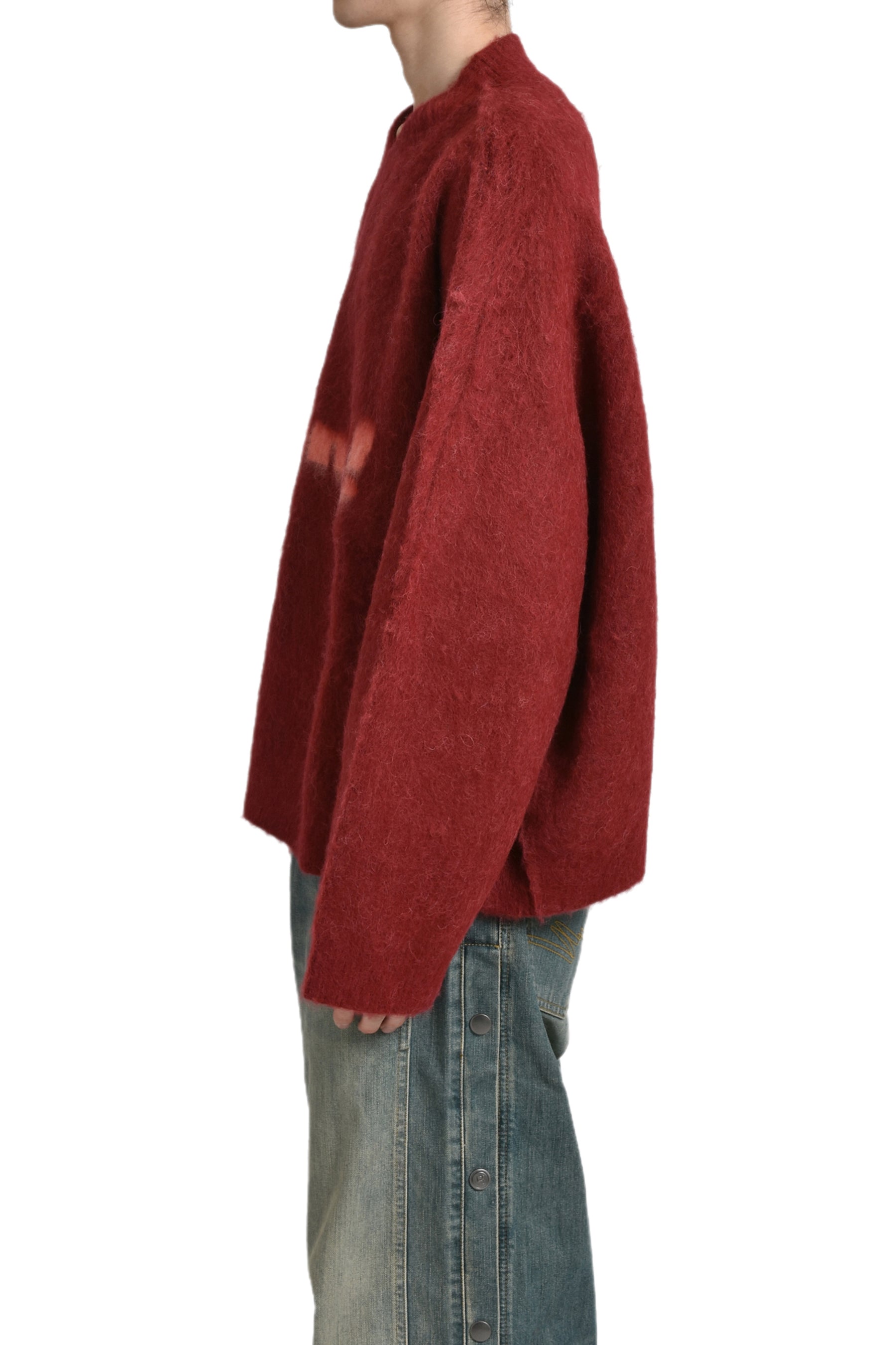 BRUSHED MOHAIR V-NECK JUMPER / RED BUR RED