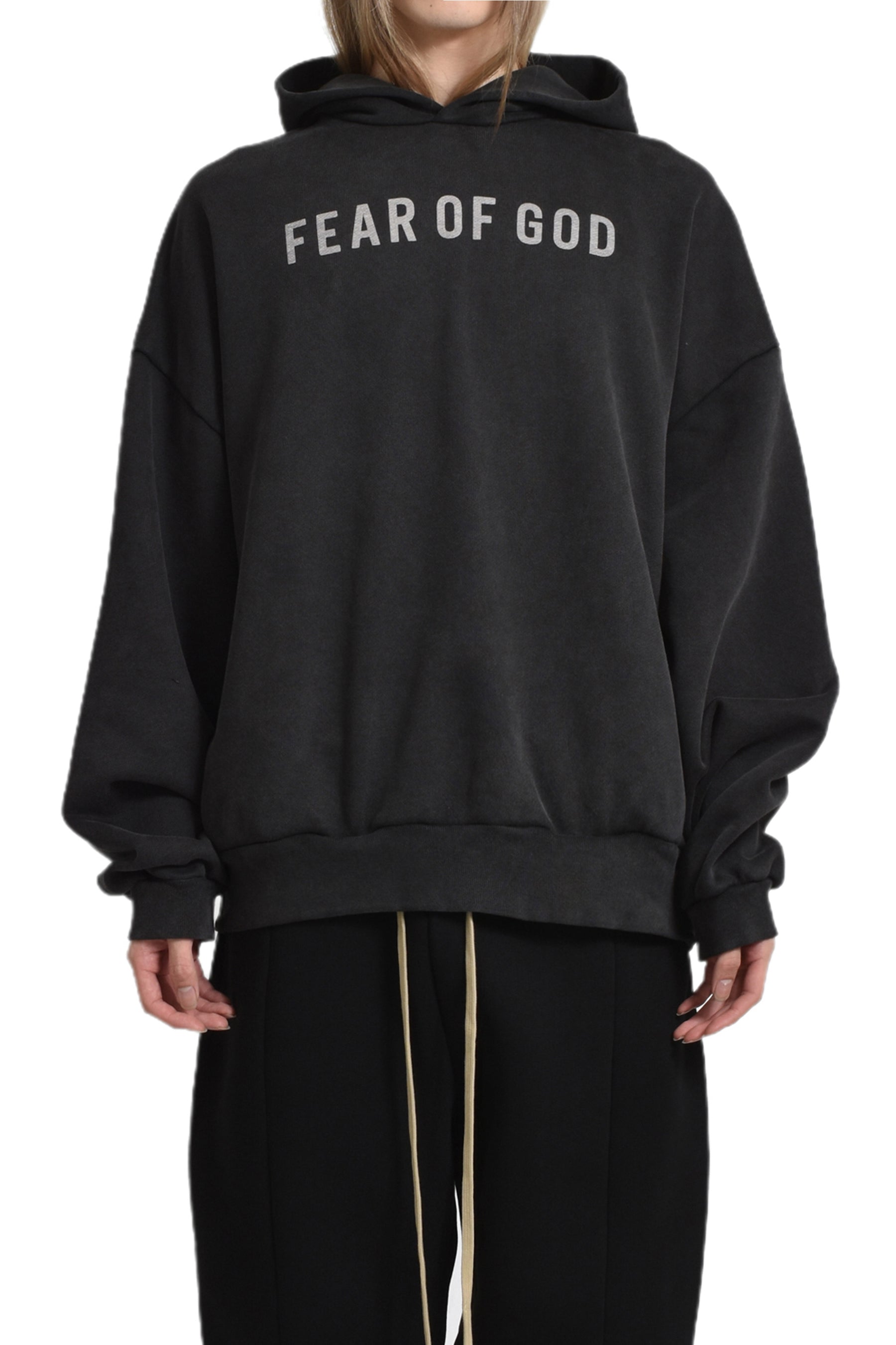 OVERLAPPED HOODIE - FEAR OF GOD LOGO GREY PRINT / BLK