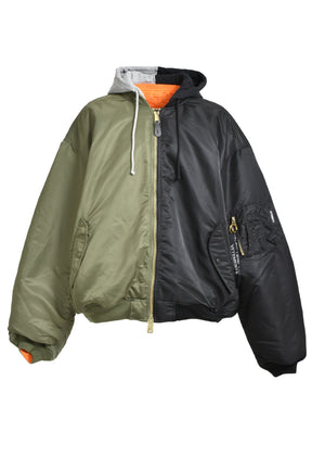 SPLIT HOODED BOMBER JACKET / GRN BLK