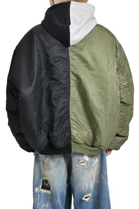 SPLIT HOODED BOMBER JACKET / GRN BLK