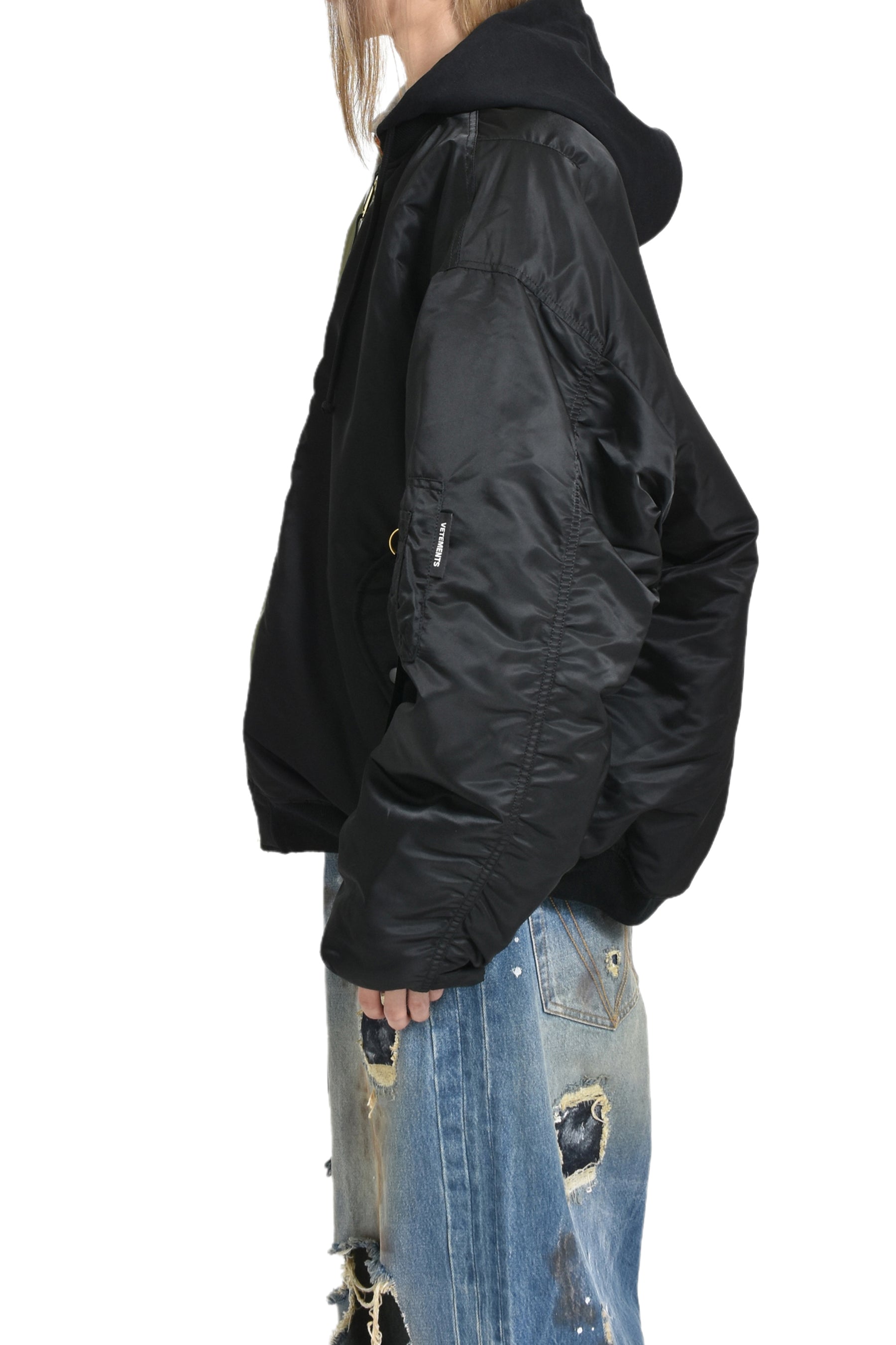 SPLIT HOODED BOMBER JACKET / GRN BLK