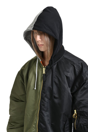 SPLIT HOODED BOMBER JACKET / GRN BLK