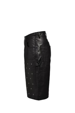 LEATHER DOUBLE KNEE CROSS SHORTS / BLK
