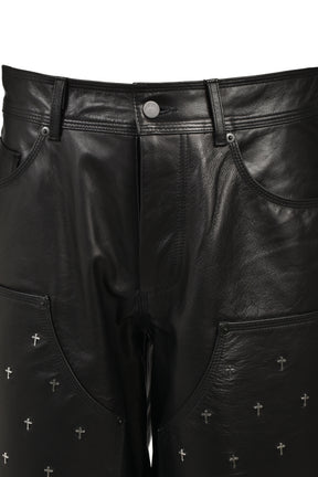 LEATHER DOUBLE KNEE CROSS SHORTS / BLK