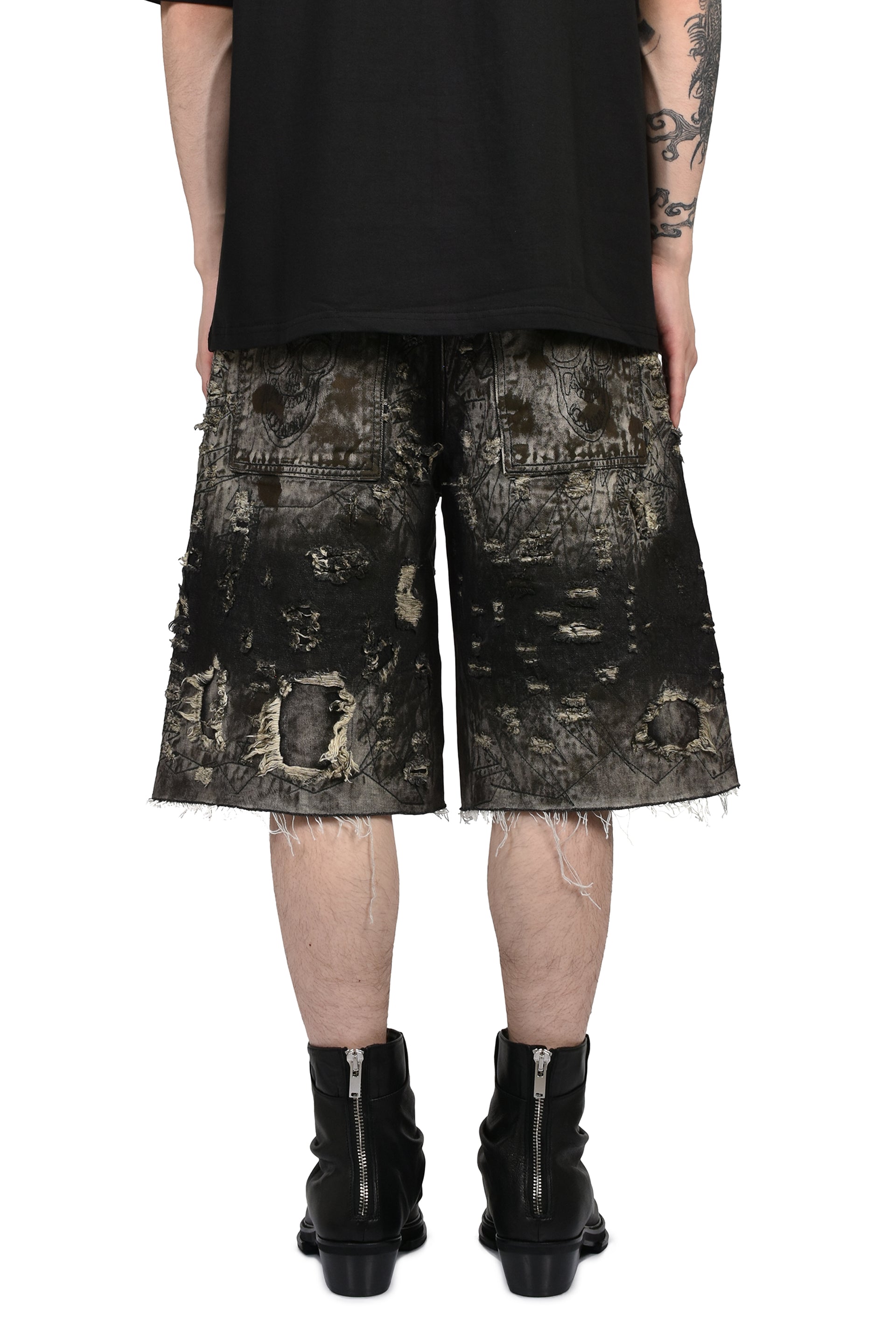 HARD WASHED DESTROYED DENIM SHORTS / BLK