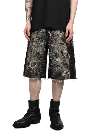 HARD WASHED DESTROYED DENIM SHORTS / BLK