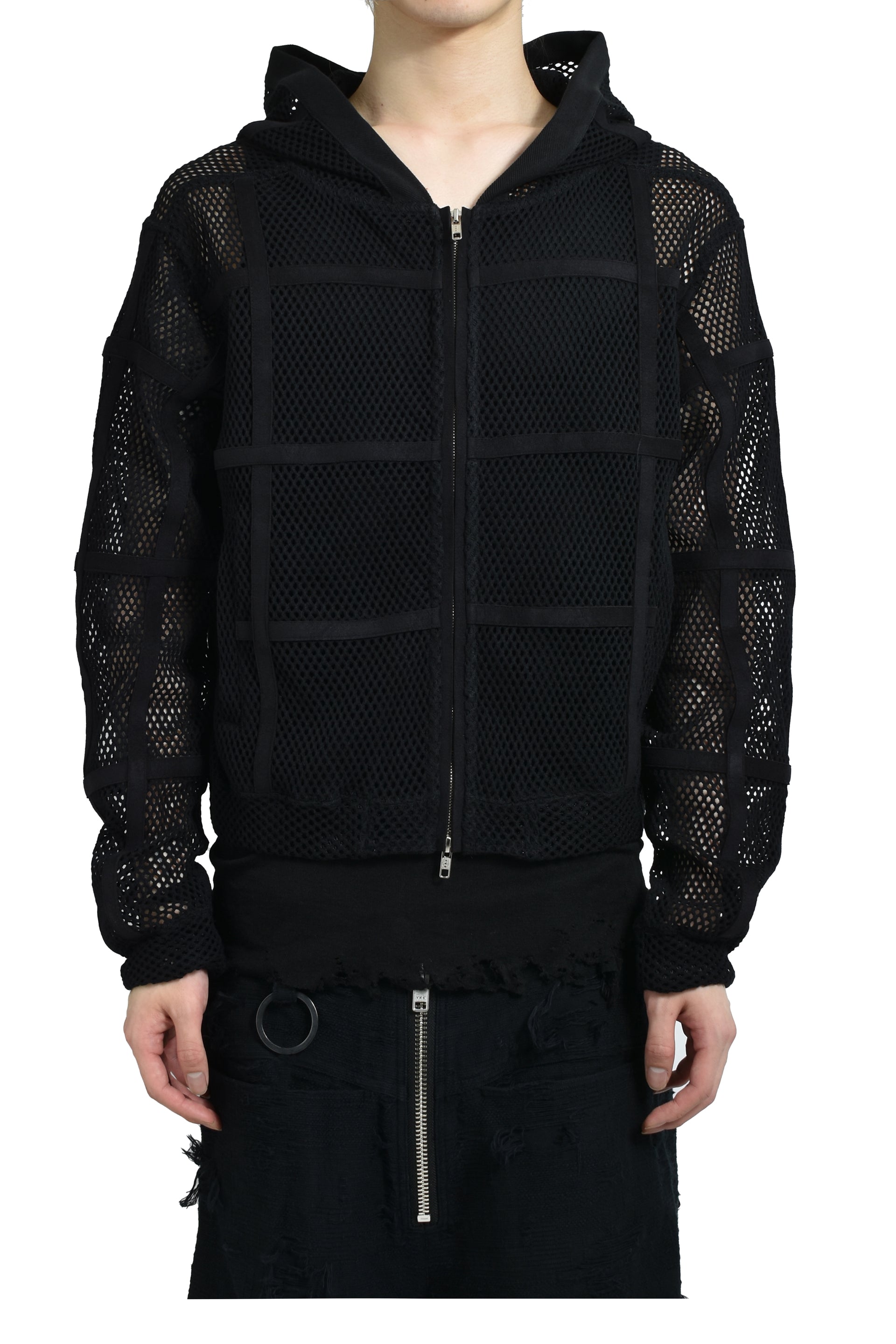 PRISONER MESH ZIP UP HOODIE / BLK