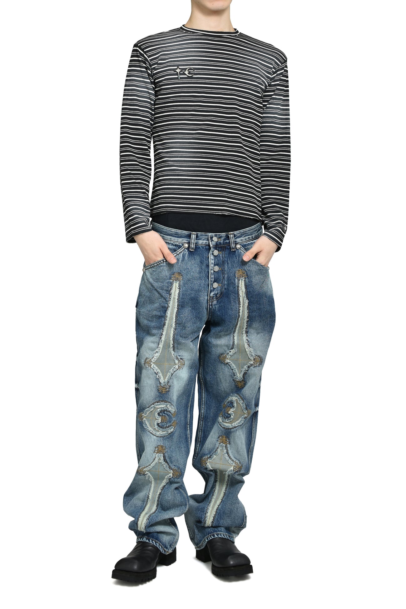 TC BONE LEATHER DENIM PANTS / BLU