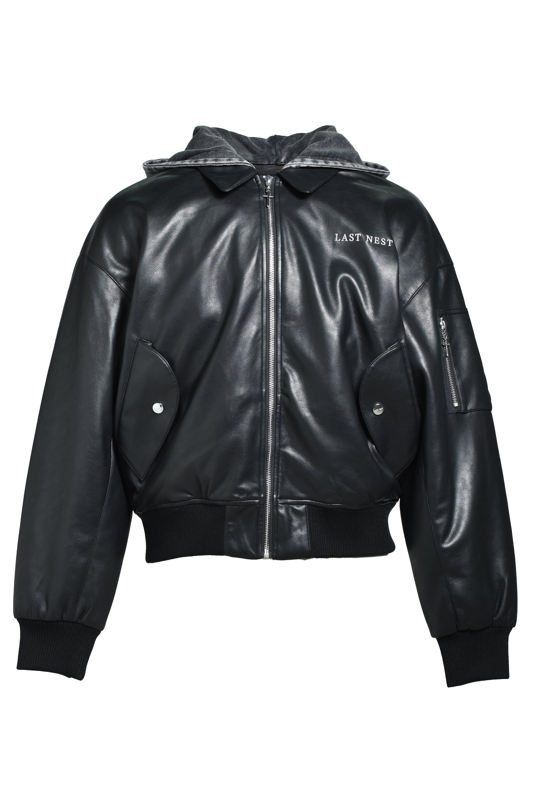 HOODED FAUX LEATHER FLIGHT JACKET / BLK