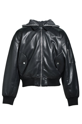 HOODED FAUX LEATHER FLIGHT JACKET / BLK