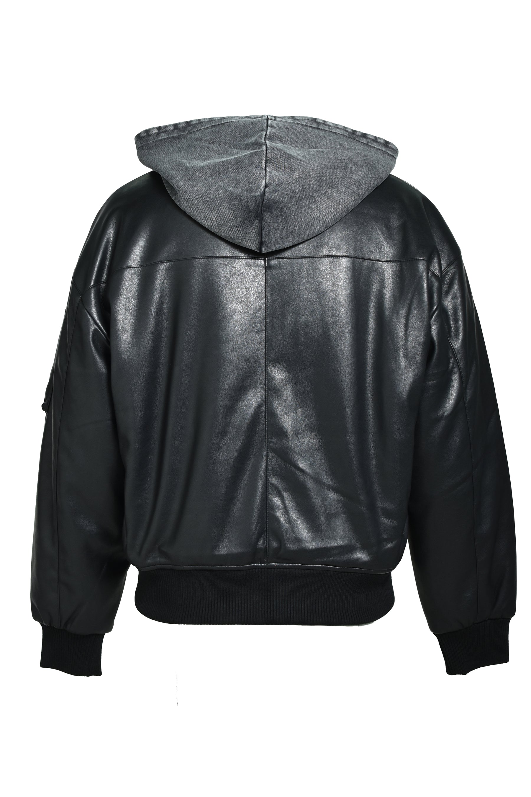 HOODED FAUX LEATHER FLIGHT JACKET / BLK
