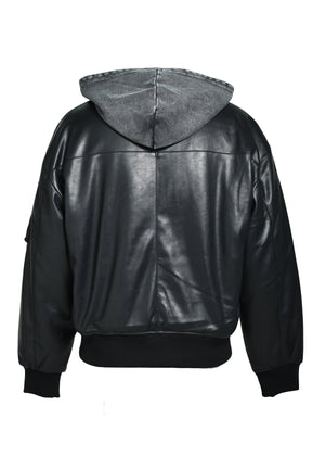 HOODED FAUX LEATHER FLIGHT JACKET / BLK