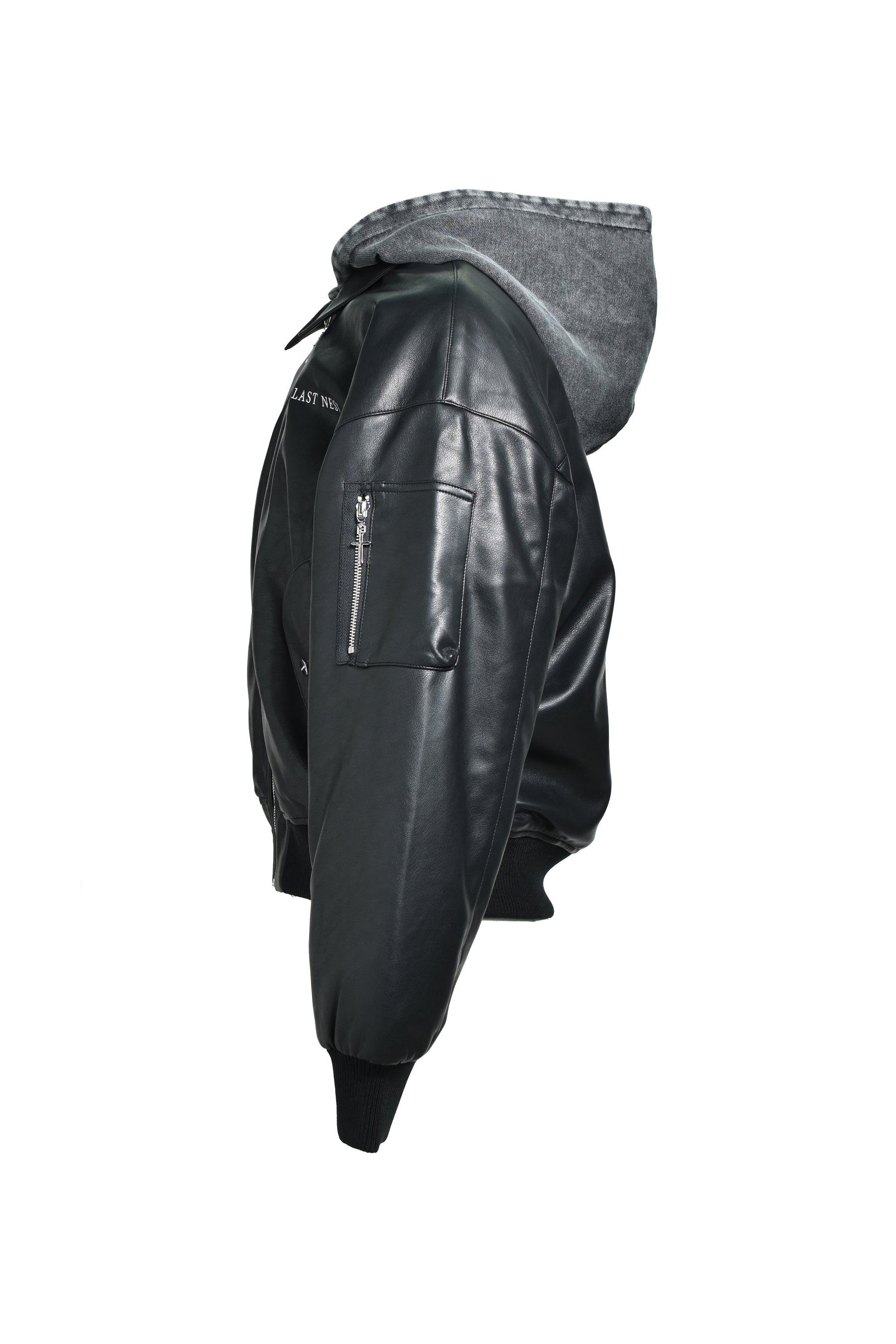 HOODED FAUX LEATHER FLIGHT JACKET / BLK